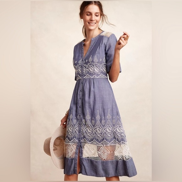 Anthropologie Dresses & Skirts - Anthropologie Moulinette Soeurs Denim Embroidered Waters Midi Dress Size 4 NWT